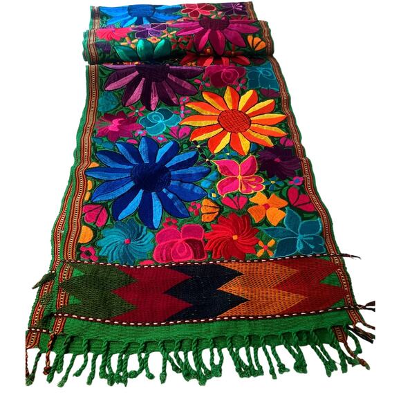 Mexican Handmade Traditional Woven Embroidered Bright Floral Table Runner 96X17 - Picture 4 of 10